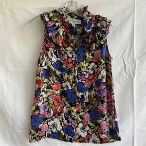 Sara Campbell multicolor floral sleeveless blouse, ruffle detail on neck, size 6